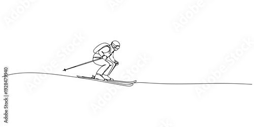 A continuous single line drawing of a skier gliding downhill, representing adventure and sports action, line art style illustration.
