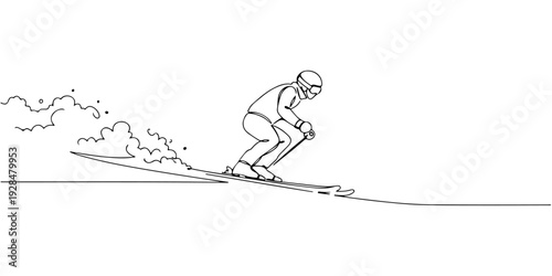A continuous single line drawing of a skier gliding downhill, representing adventure and sports action, line art style illustration.