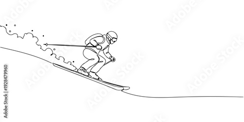 A continuous single line drawing of a skier gliding downhill, representing adventure and sports action, line art style illustration.