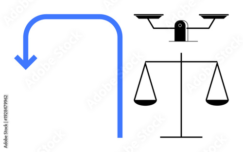 Law, ethics, justice, decision-making, equality, direction. Blue downward arrow and traditional balance scales fairness and ethical choices. Law and ethics visual