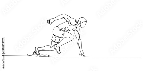 A continuous single line drawing of a sprinter at the starting line, symbolizing anticipation and athletic focus, line art style illustration.