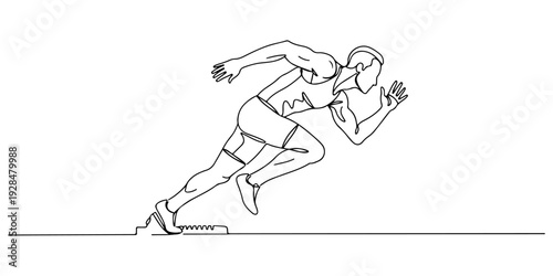 A continuous single line drawing of a sprinter at the starting line, symbolizing anticipation and athletic focus, line art style illustration.