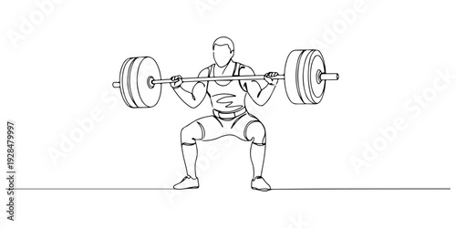 A continuous single line drawing of a weightlifter lifting a barbell, representing strength and perseverance, line art style illustration.