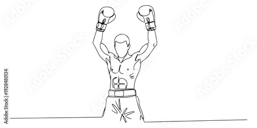 A continuous single line drawing of a boxer raising gloves, representing power and resilience, line art style illustration.