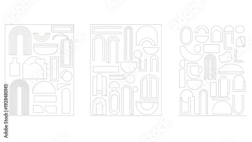 Abstract geometric figures and human silhouettes in minimalist black and white design Vector