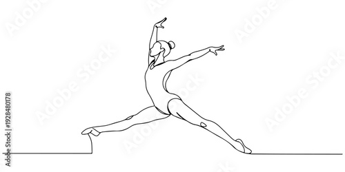 A continuous single line drawing of a gymnast performing a split leap, representing grace and balance, line art style illustration.