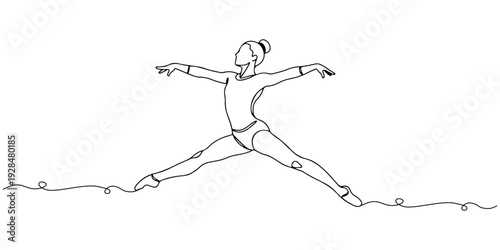 A continuous single line drawing of a gymnast performing a split leap, representing grace and balance, line art style illustration.