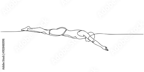 A continuous single line drawing of a swimmer diving into water, symbolizing strength and discipline, line art style illustration.