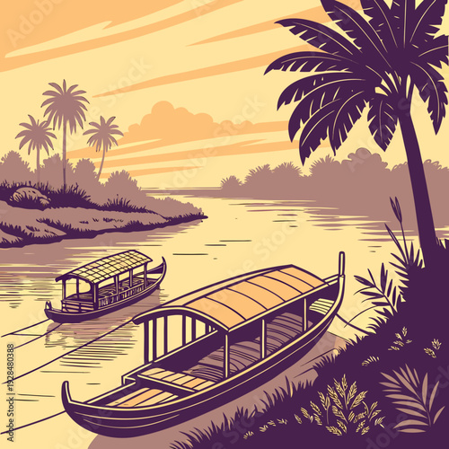 Traditional wooden boats at sunset in Si Phan Don