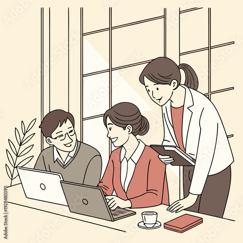 Modern Asian Business Team Collaborating in Bright Office