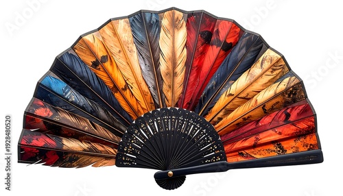 Colorful Hand Fan with Feather Design on White Background.