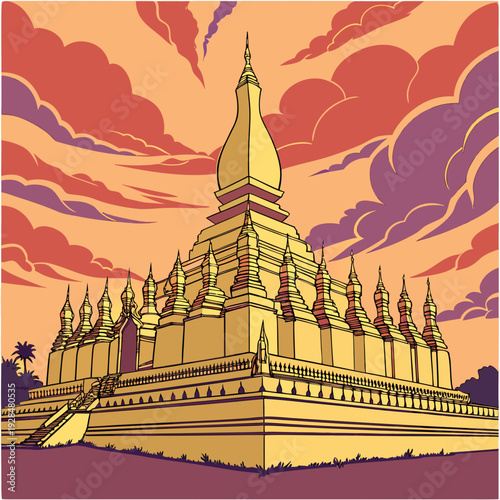 Golden stupa of Pha That Luang under dramatic sunset sky