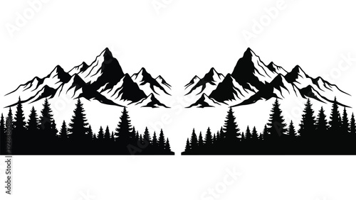Dual mountain peaks rising symmetrically against a stark black and white backdrop Vector