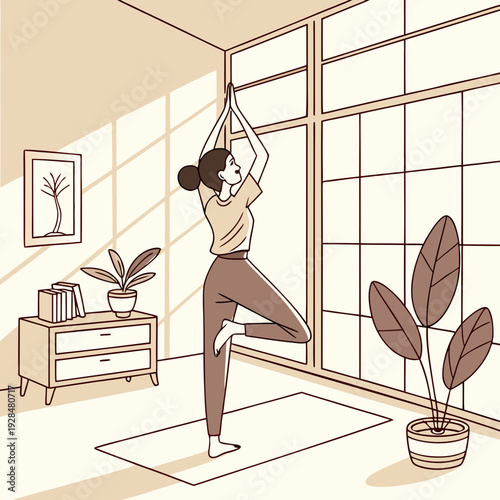 Healthy Asian Woman Practicing Yoga at Home Morning Light