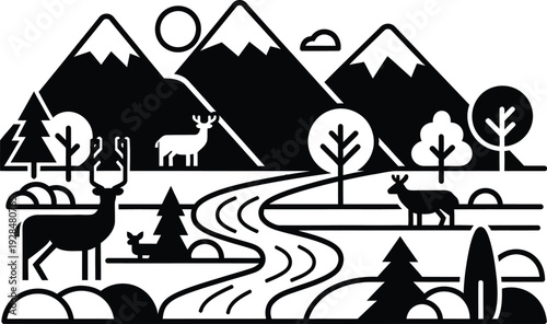 Deer family roams freely in serene mountain landscape with winding river and trees wqe (20)