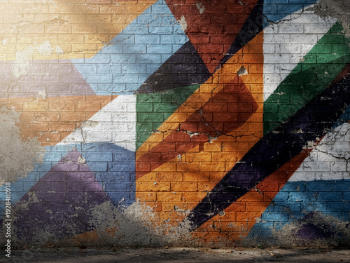 A sunlit geometric mural splashed across a weathered brick wall