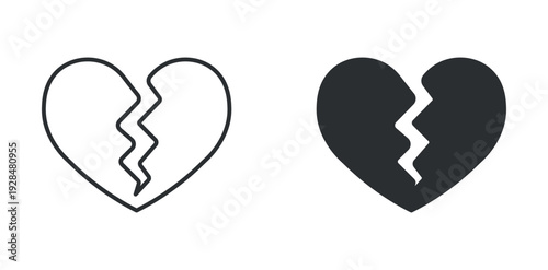 Broken heart icon set, love breakup symbol, relationship sadness vector illustration
