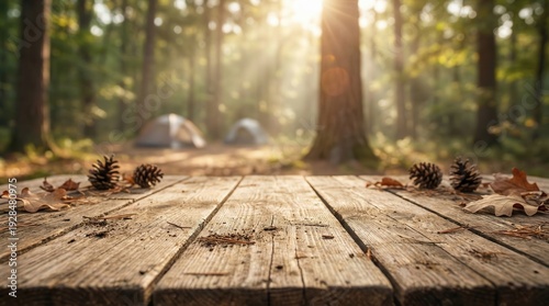 Rustic Wooden Table With Blurred Campsite Background