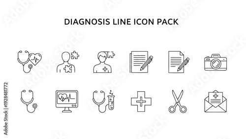Diagnostic line pack icons showing medical and administrative symbols Vector