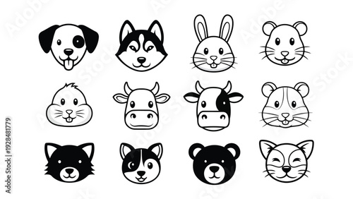 Collection of twelve playful cartoon animals in various poses and expressions Vector