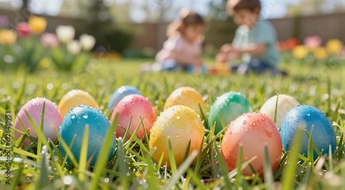 Colorful easter eggs lying on dewy grass in backyard with blurred kids