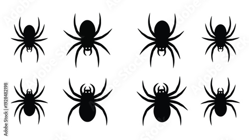 A collection of eight black spider icons arranged in two horizontal rows of four. Vector