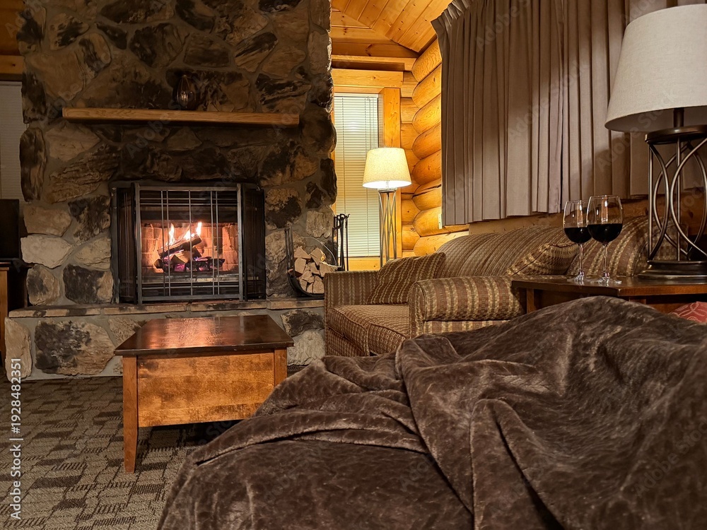 Naklejka premium Fireplace and furniture in cozy room. Interior design