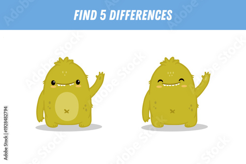 Find 5 differences between two pictures of funny green monster. Cute alien. Vector illustration
