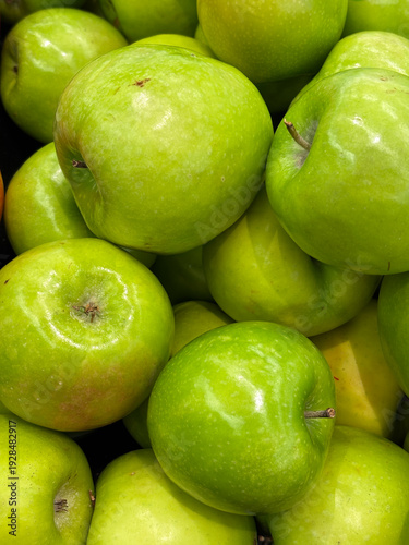 closeup of orchard harvested Granny Smith apples