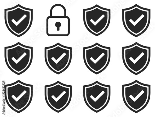 Shield and padlock security icon set, check mark protection symbols inside shield shape, safety and access control logotype elements, editable vector