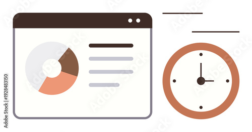 Business analytics, time management, productivity, performance metrics, workflow, data tracking. A webpage with a pie chart and a clock. Business analytics and time management concept