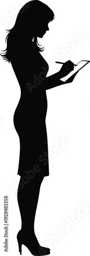 WebBlack silhouette of a professional woman standing and writing on a digital tablet with a stylus isolated on white background.
