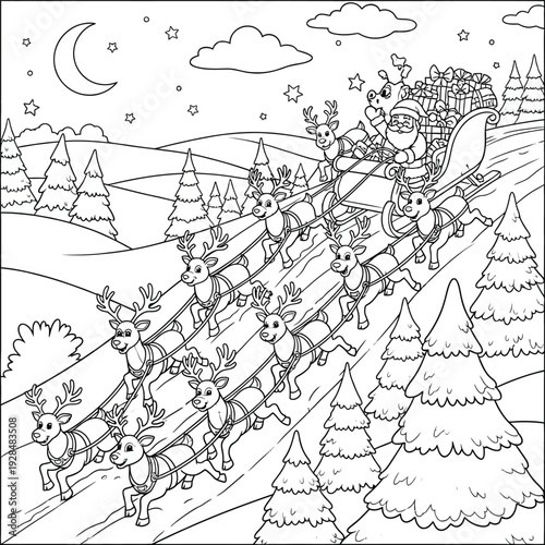 Santa Claus rides his sleigh pulled by reindeer through a snowy night sky with wqe (42) scenery