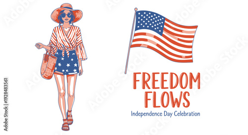 Independence Day Celebration icon set. Includes American flag, woman, hat, bag, sandals. Created in line style with red, white, and blue palette.