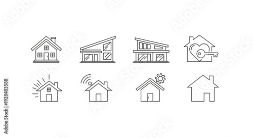 Various house icons in different styles and states including construction eco friendly and modern designs