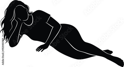 Black silhouette of a woman with long hair lying down in a relaxed pose isolated on white background for lifestyle.