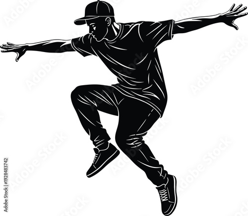 Black silhouette of a young male street dancer jumping in midair with arms outstretched isolated on white background for lifestyle.