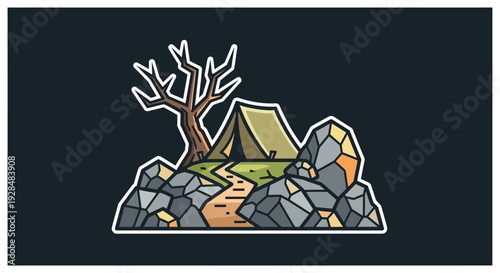 Camping scene illustration with tent pathway rocks and tree in natural environment outdoor recreation concept