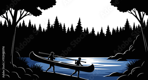 Canoe and people silhouette nature scene lake forest landscape illustration
