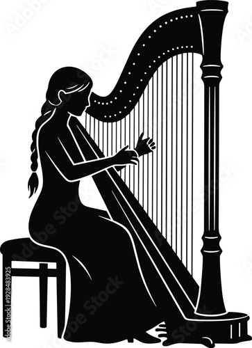 WebBlack silhouette of a female musician with long hair sitting and playing a large classical harp isolated on white background.