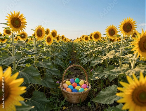 Basket of colorful eggs placed in sunflower field