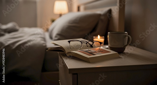 Cozy Nightstand with Open Book, Reading Glasses, Candle and Mug for Bedtime Rituals, Relaxation Blogs, Mindfulness Content, and Home Decor Websites