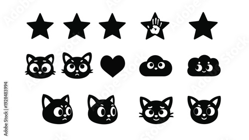 Playful assortment of cat faces with varying expressions and icons Vector