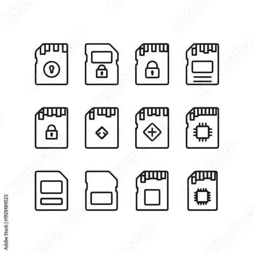 Data Storage Icons: SD Cards with Security and Tech SymbolsVector Line Art