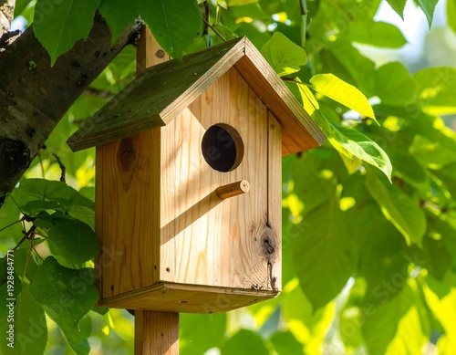 Wooden birdhouse hanging in a tree with green leaves.