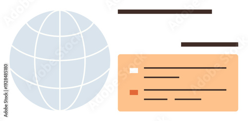 Global communication, information systems, technology, data sharing, digital connections, online networks. Globe icon next to a data panel. Global communication and information systems concept