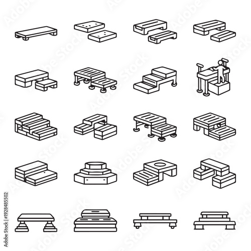 Exercise Stepper and Step Platform Collection Fitness Equipment Icons Vector Illustration