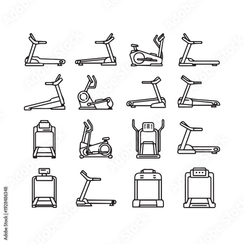 Fitness Equipment Icons: Treadmills Ellipticals Exercise BikesLine Art