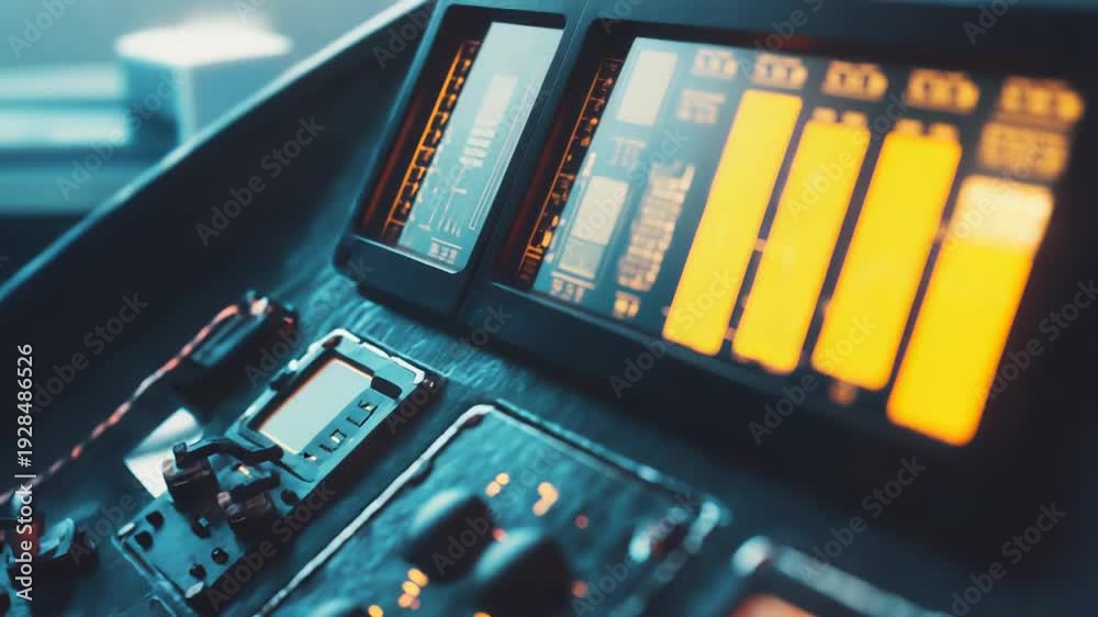 Futuristic control panel featuring a glowing screen displaying data and ...