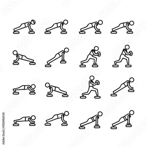 Fitness Exercise Icons Set: Push-up Variations Lunge Plank Ball Training